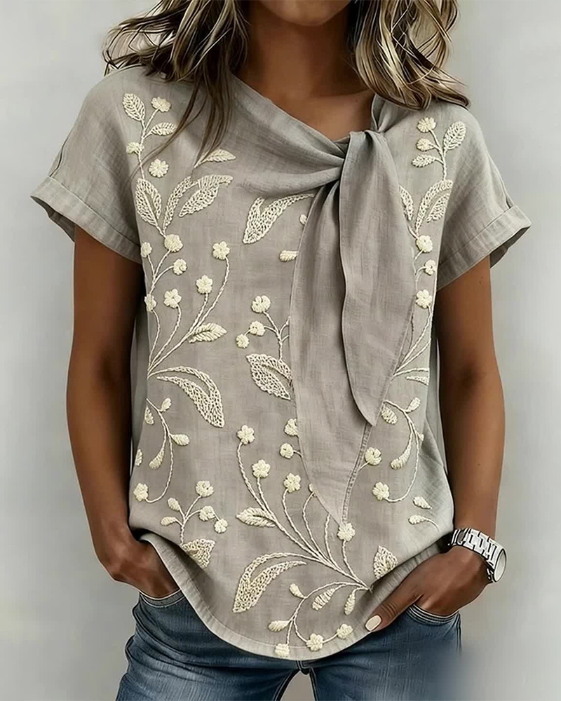 Tie-Neck Floral Embroidered Top