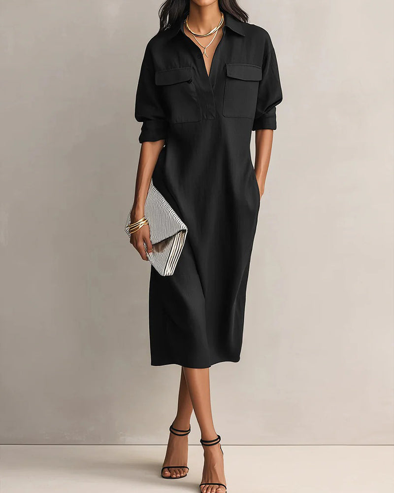Solid Color Lapel Collar Casual Dress