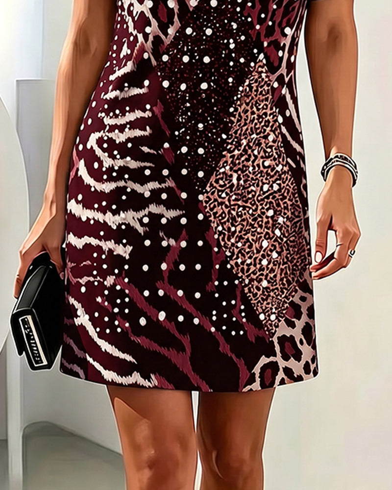 Leopard Print Crew Neck Short Sleeve Patchwork Dress
