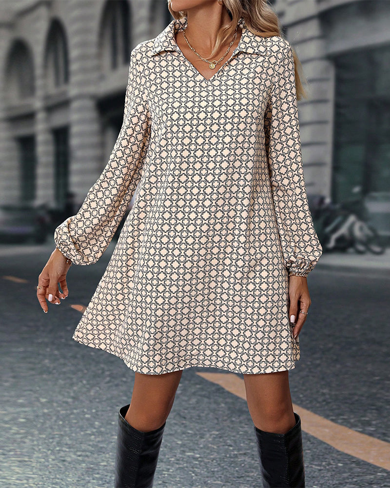 Lapel Long Sleeve Printed Dress