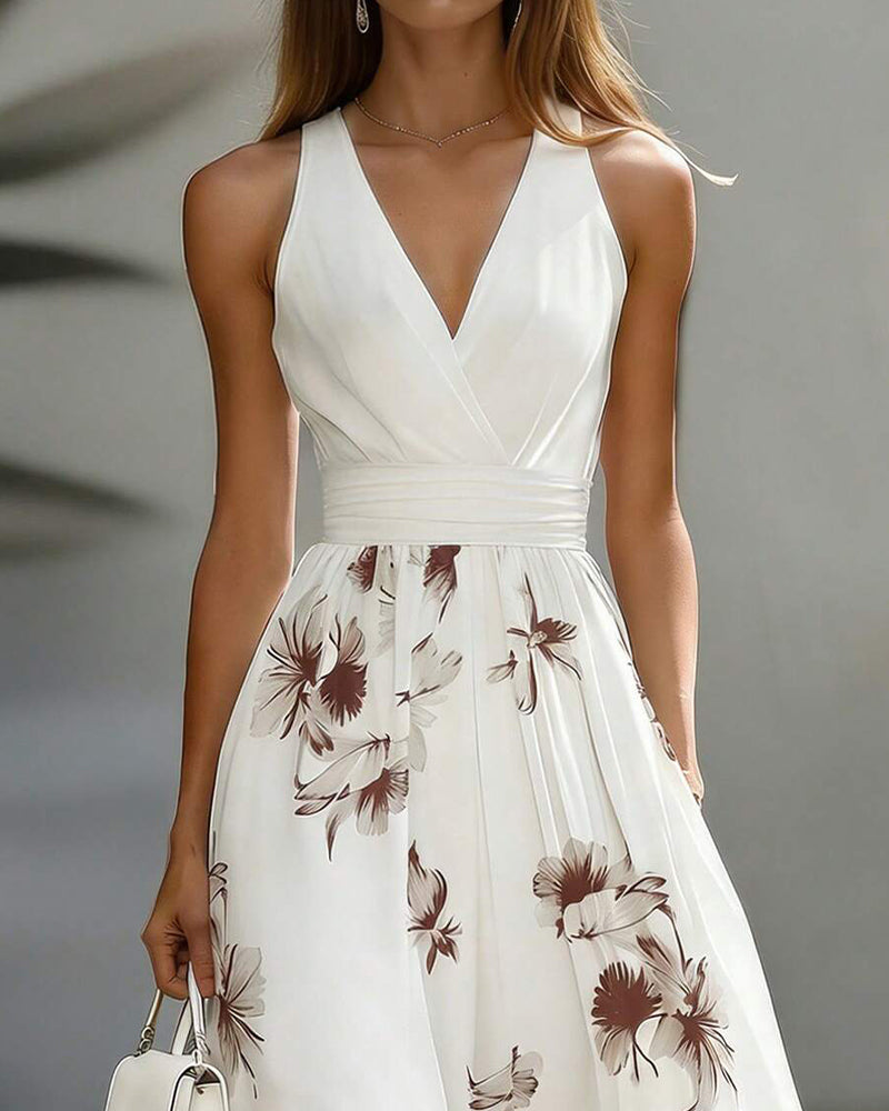Sleeveless V-Neck Waist Floral Dress