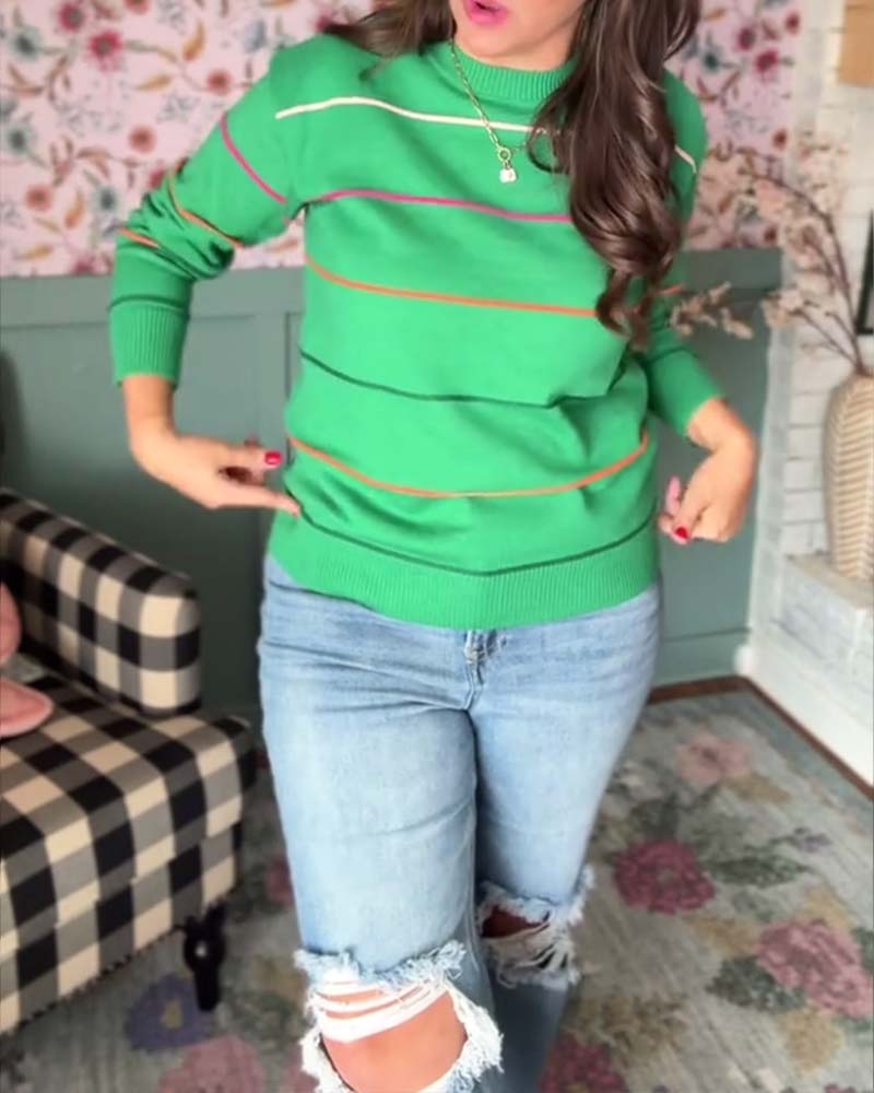 Casual Round Neck Striped Pullover Sweater