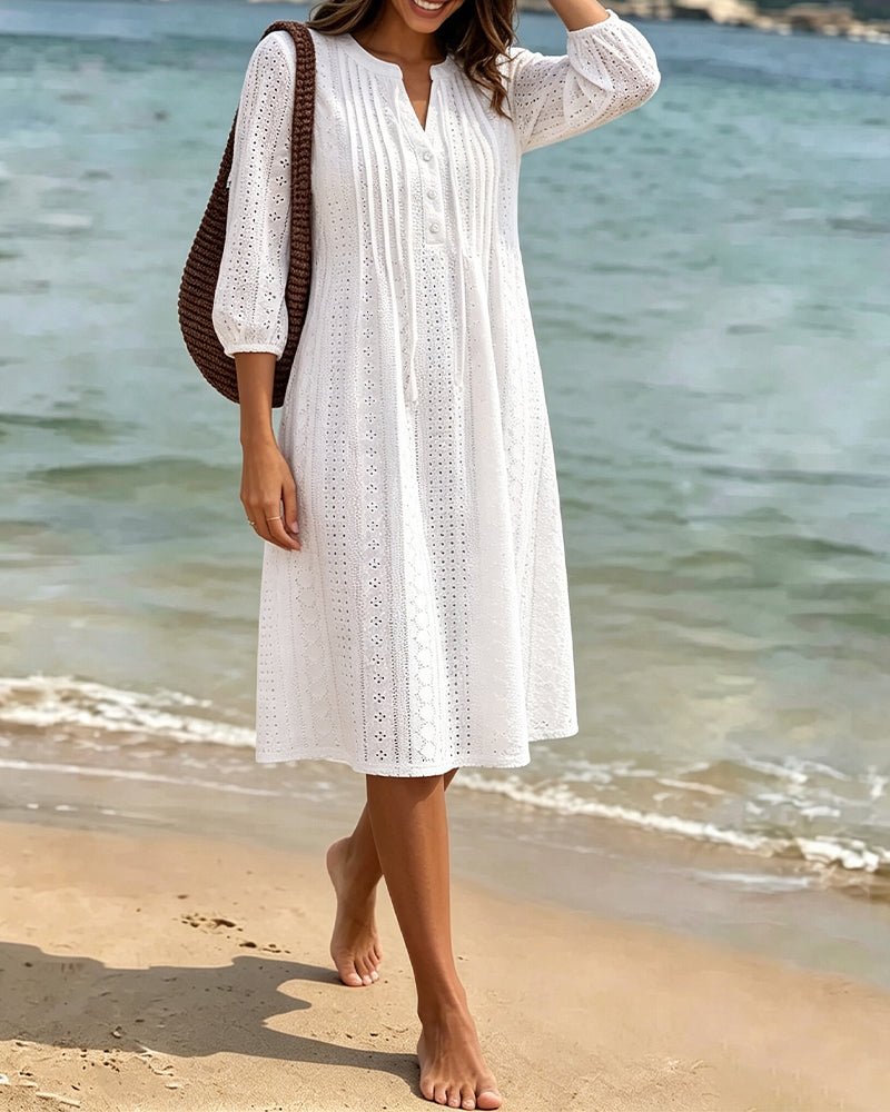 Solid V‑Neck Shirred Cutout Dress