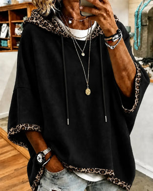Leopard Print Patchwork Hooded 3/4 Sleeve Hoodie
