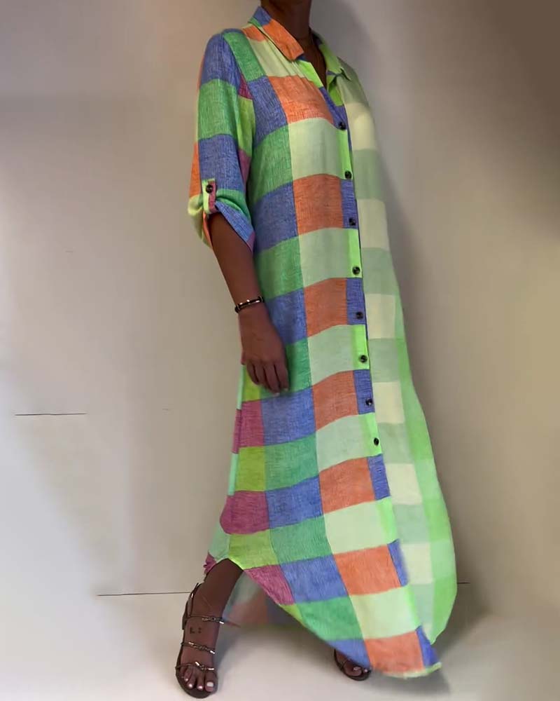 Plaid Collar Color-Block Shirt Dress
