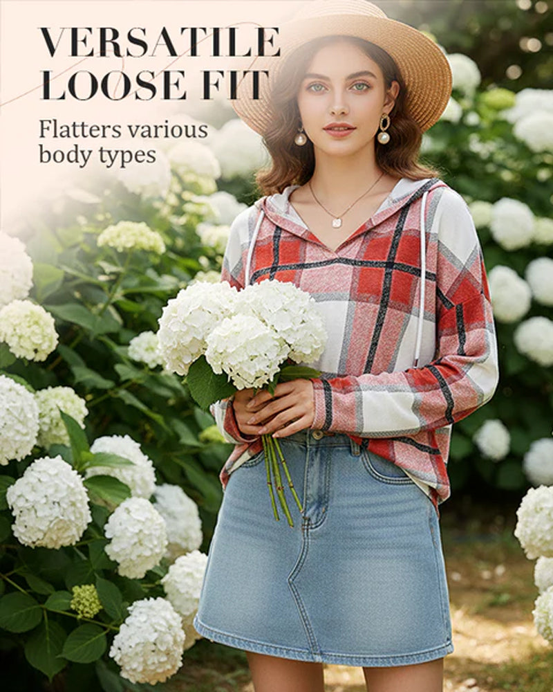 Women's Plaid V-Neck Hooded Long Sleeve Drawstring Sweater