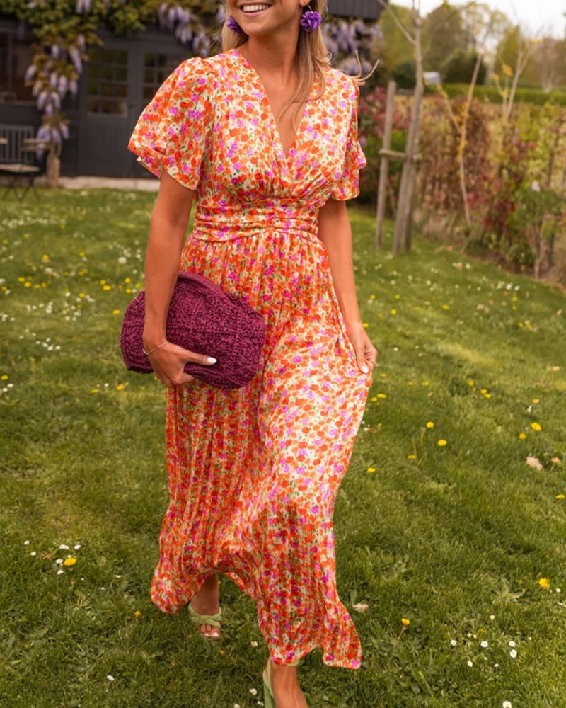 V-neck waist floral dress