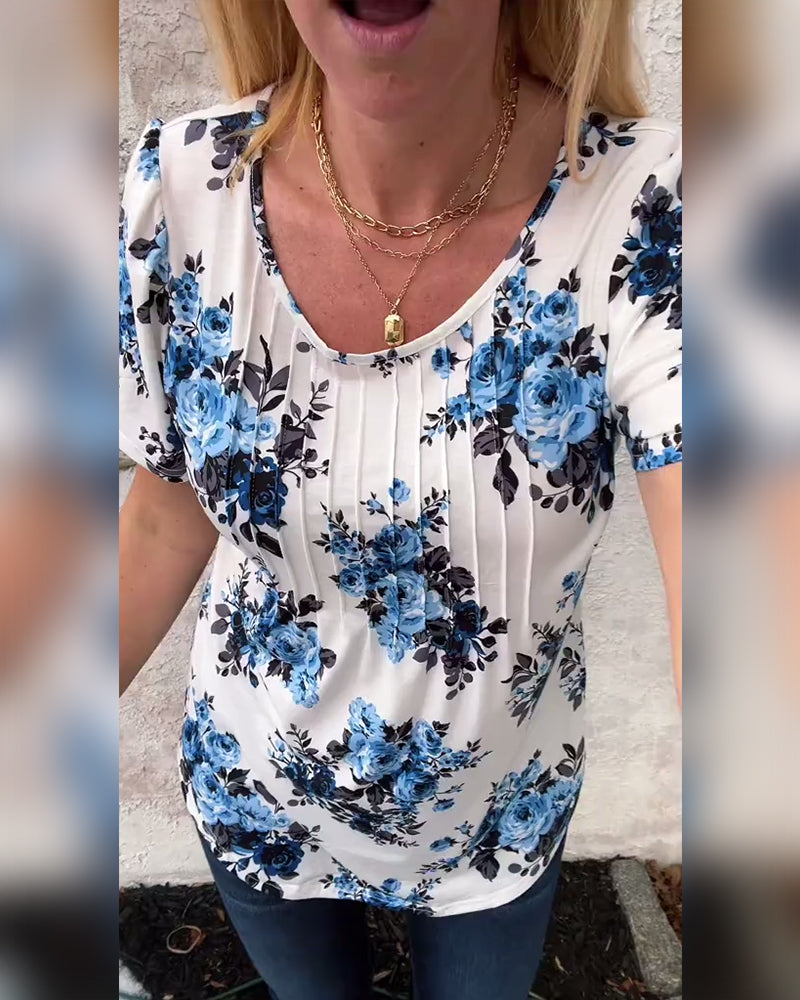 Crew Neck Floral Print Pleated T-Shirt