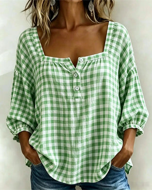 Square Neck Button-Up Plaid Blouse