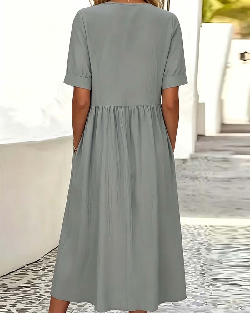 Crew Neck Short Sleeve Solid Color Dress