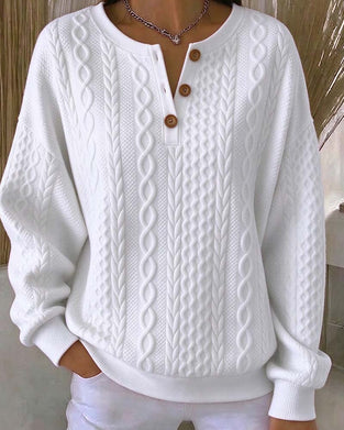 V-Neck Buttoned Cable Solid Color Sweatshirt