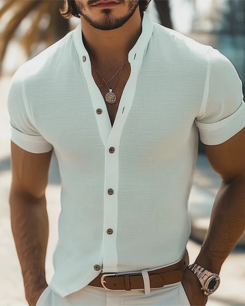Stand Collar Full-Placket Short Sleeve Shirt