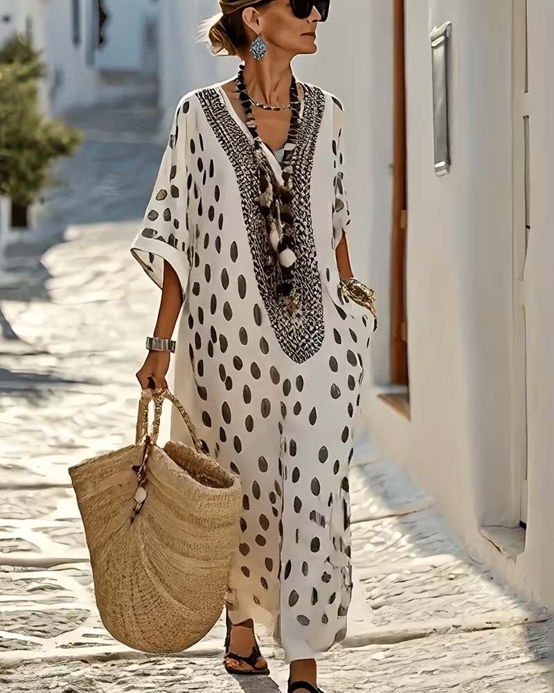 V-Neck Polka-Dot Resort Print Dress
