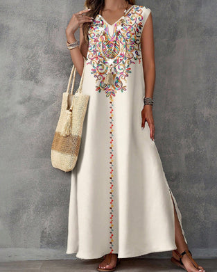 Ethnic Style Print Sleeveless Slit Long Dress