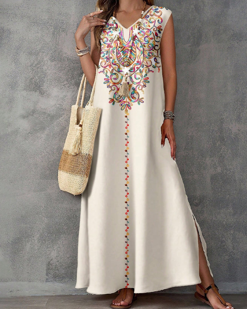 Ethnic Style Print Sleeveless Slit Long Dress