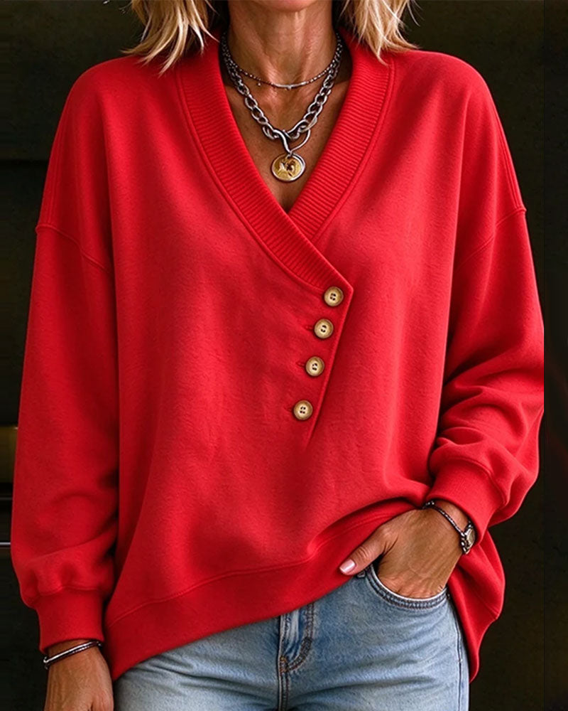 Diagonal Button V-Neck Pullover Sweatshirt