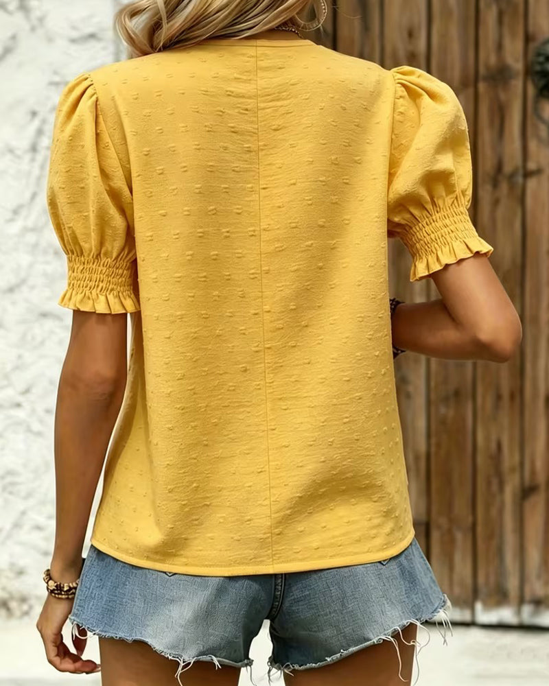 Bubble Sleeve V-Neck Jacquard Blouse
