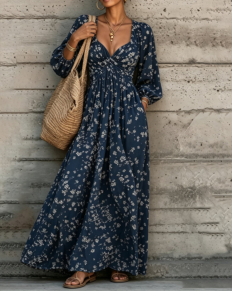 Ruched Floral Puff Sleeve Full Skirt Dress