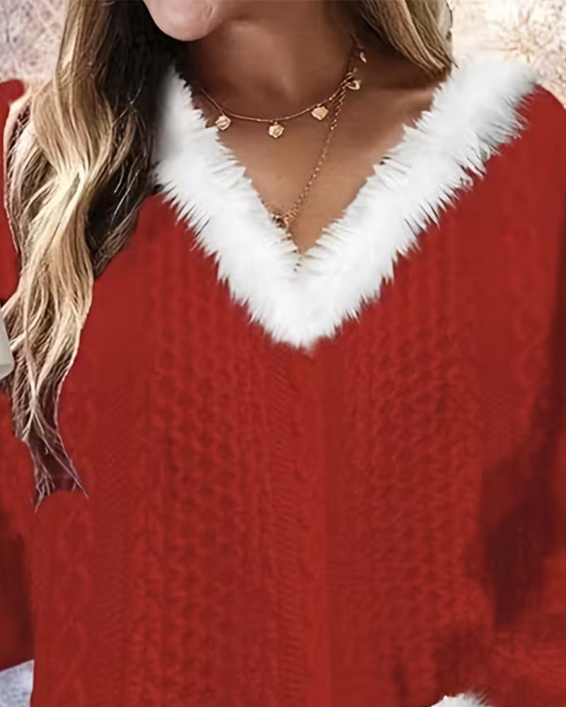 Plush Trim V-Neck Christmas Top