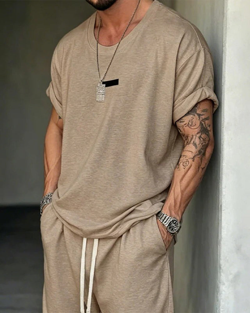 Casual Short Sleeve Drawstring Shorts Two-Piece Set