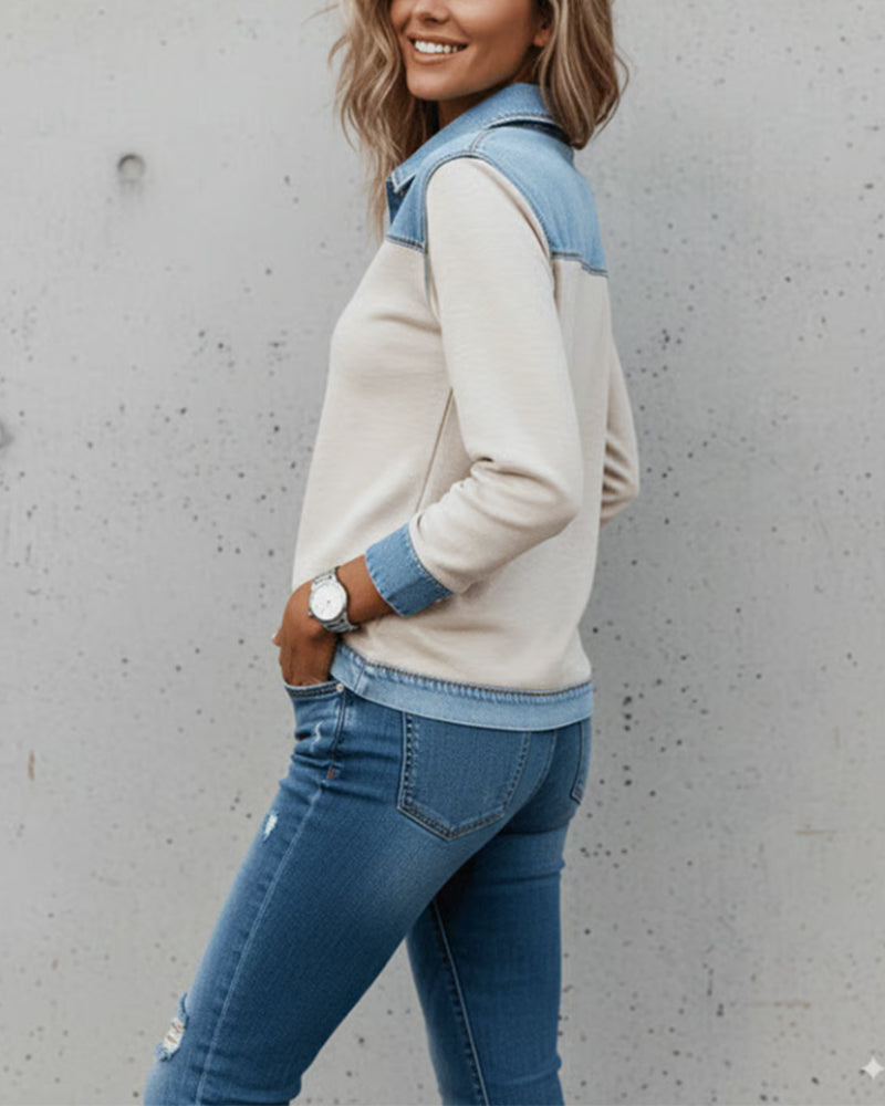Fashionable Lapel Color Block Spliced Sweatshirt