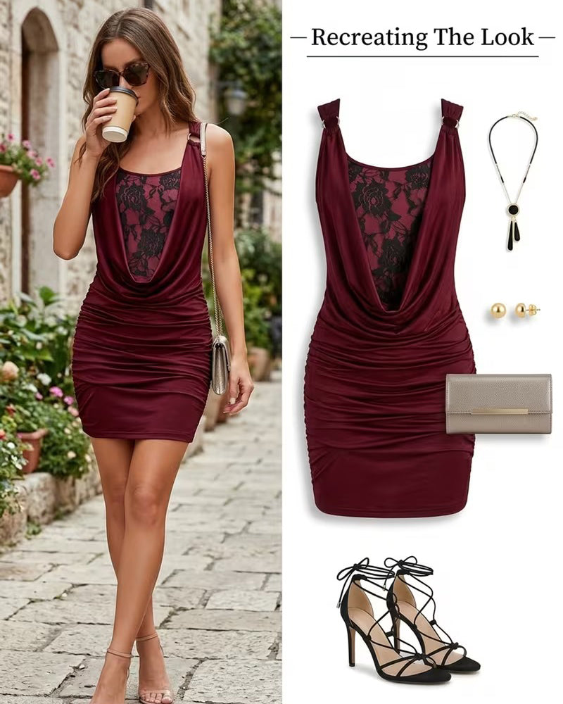 Drape Neck Lace Strappy Bodycon Dress