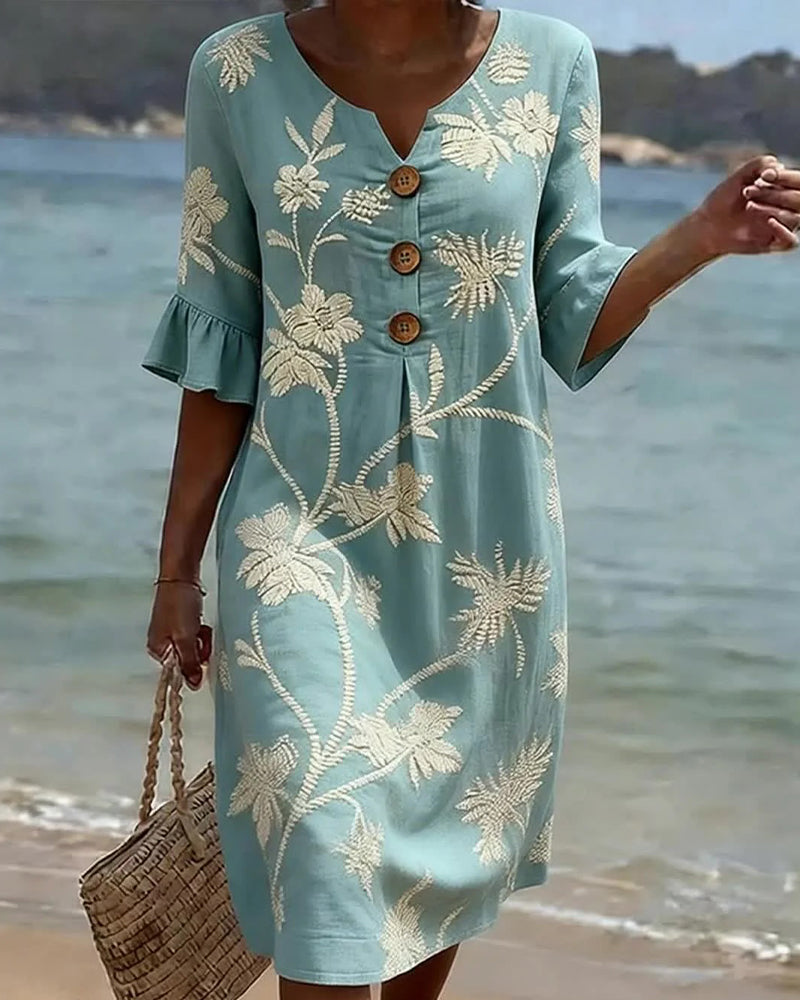 Petite V-Neck Ruffle Three-Quarter Sleeve Dress