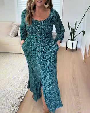 Floral Button Long-Sleeved Dress