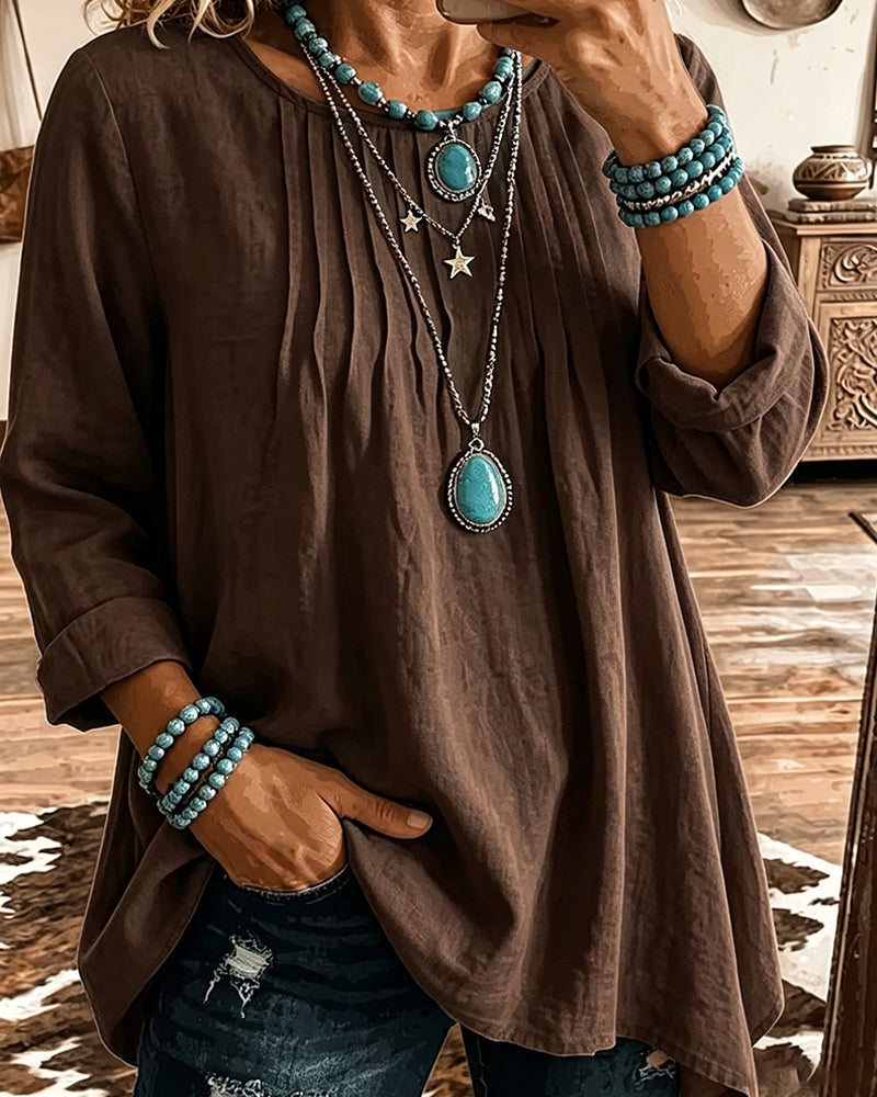 Crew Neck Ruched Loose Solid T-Shirt