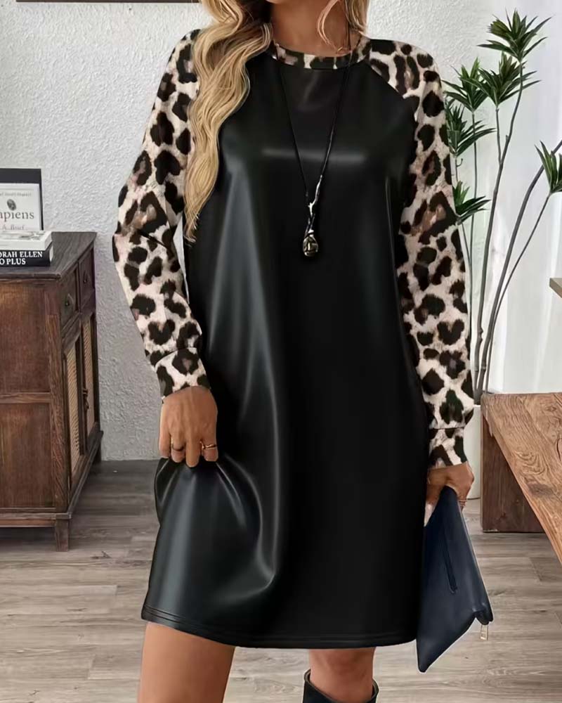 Crew-Neck Leopard Patchwork Dress
