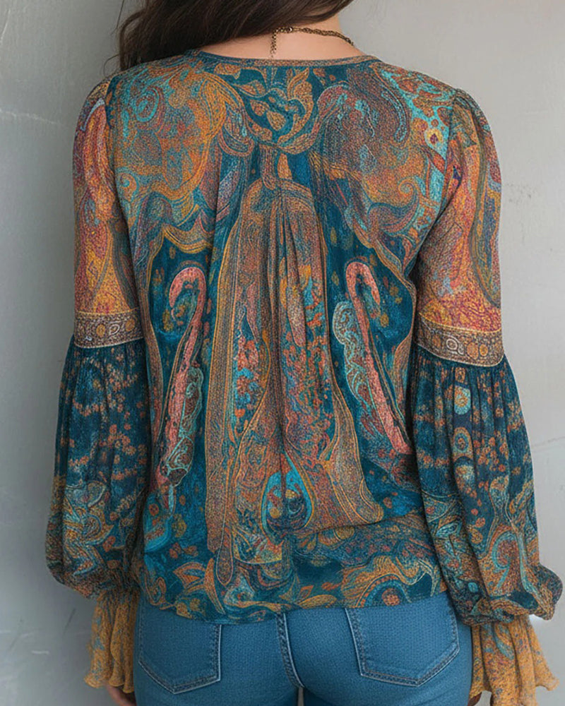 Bohemian Style Flared Sleeve V-Neck Blouse