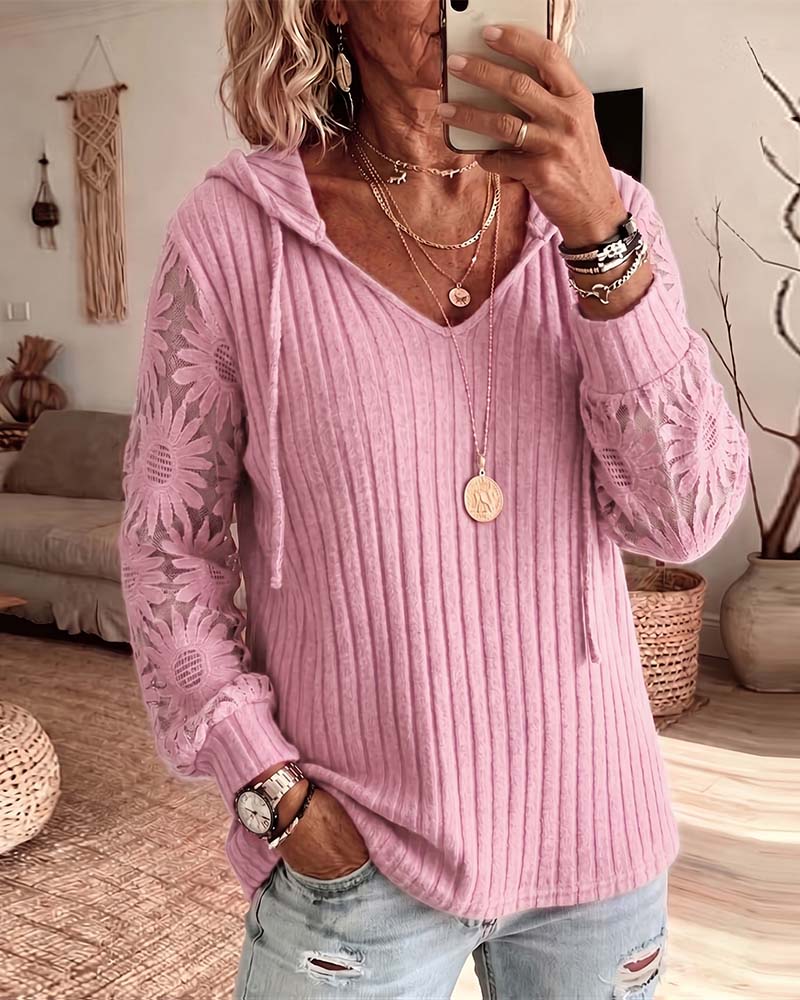 Hooded V-Neck Lace Patchwork Ribbed Blouse