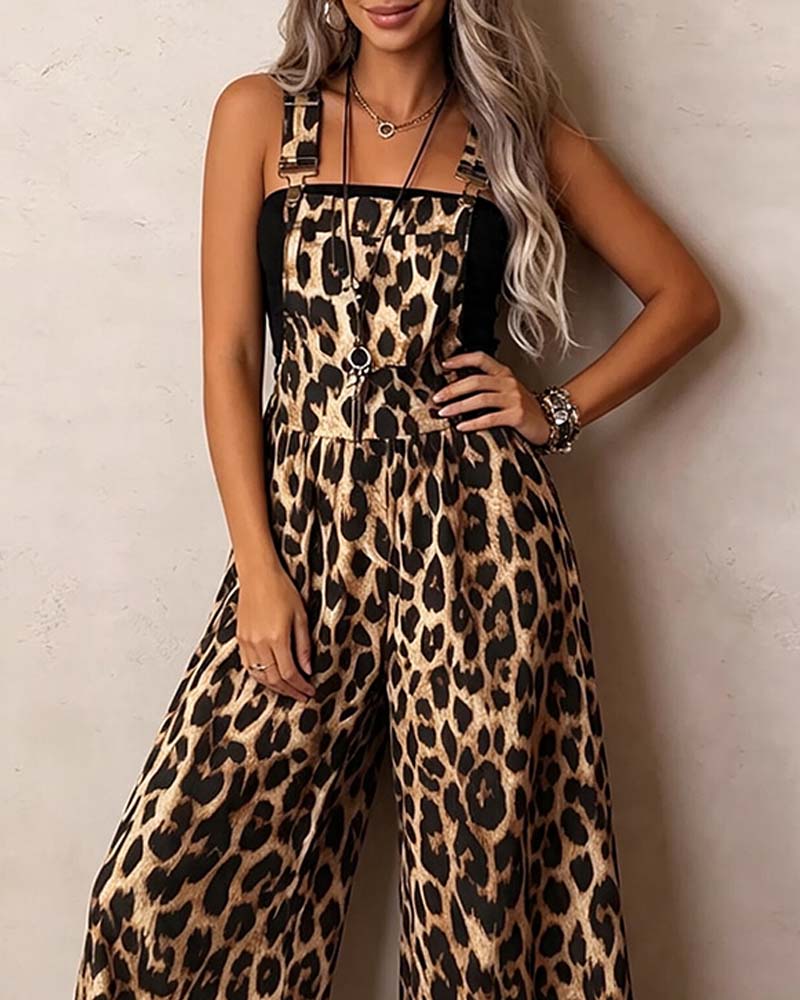 Leopard Print High-Waist Wide-Leg Strap Jumpsuit