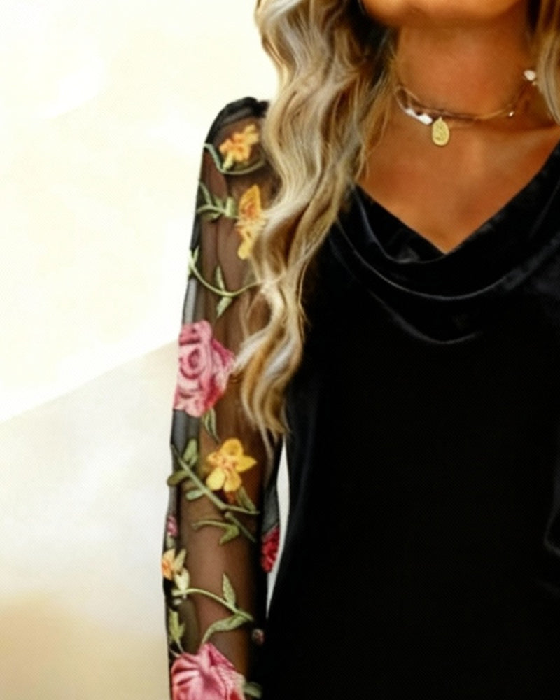 Embroidered Patchwork Long-Sleeved Dress