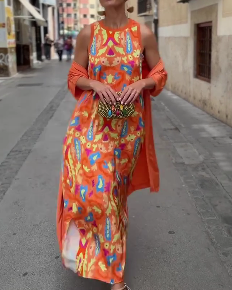 Sleeveless Long Dress With Long Cardigan Set