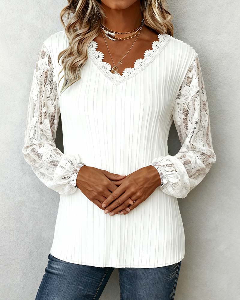 Lace-Trimmed V-Neck Ribbed Top