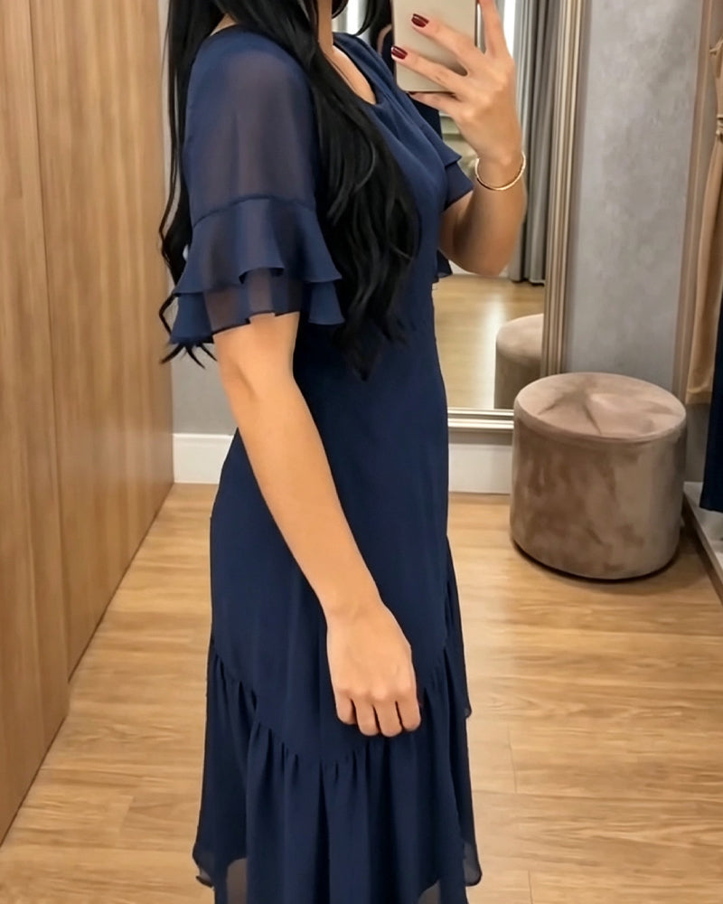 Crew Neck Ruffle Solid Dress