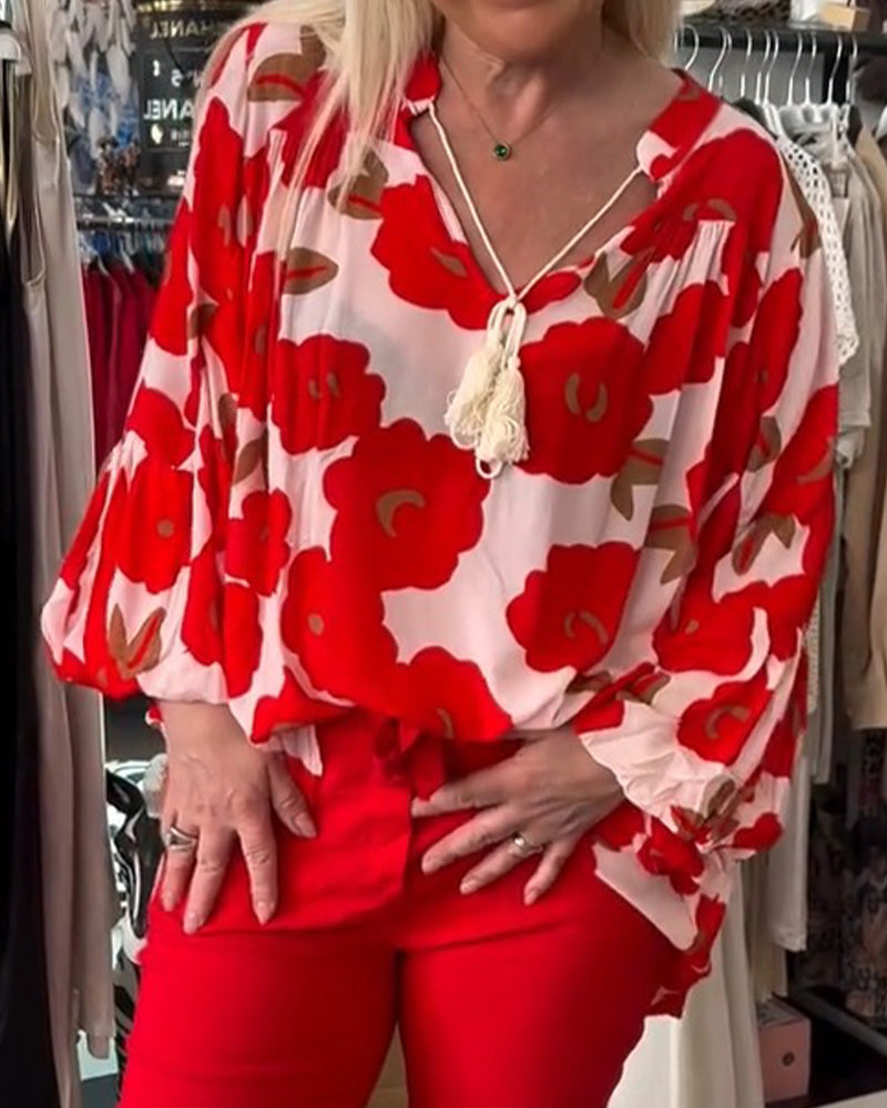 Big Floral Tie V-Neck Blouse