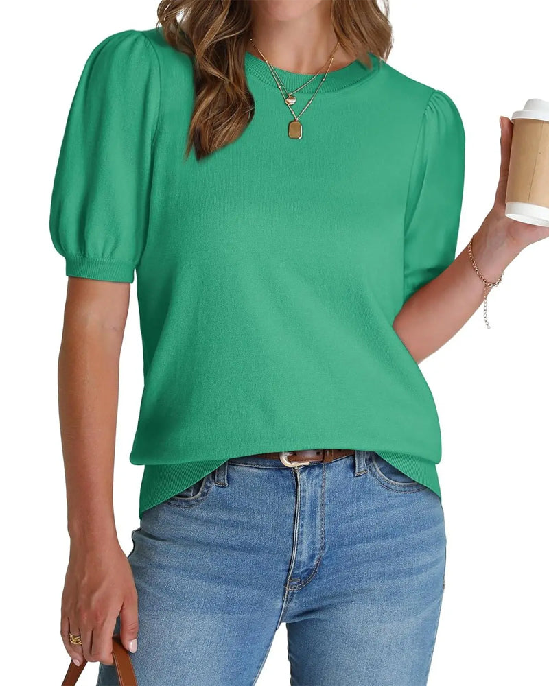 Puff Sleeve Knitted Short-Sleeve Pullover