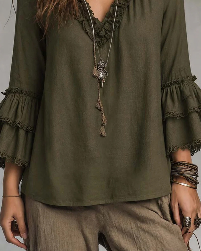 V-Neck Two-Tier Sleeve Ruffle Blouse