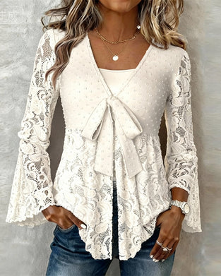Solid Color Bell Sleeve V-Neck Blouse