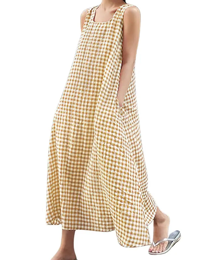 Plaid Sleeveless Square Neck Maxi Dress