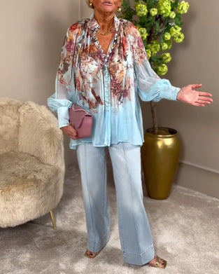 Lantern Sleeve Stand Collar Print Shirt