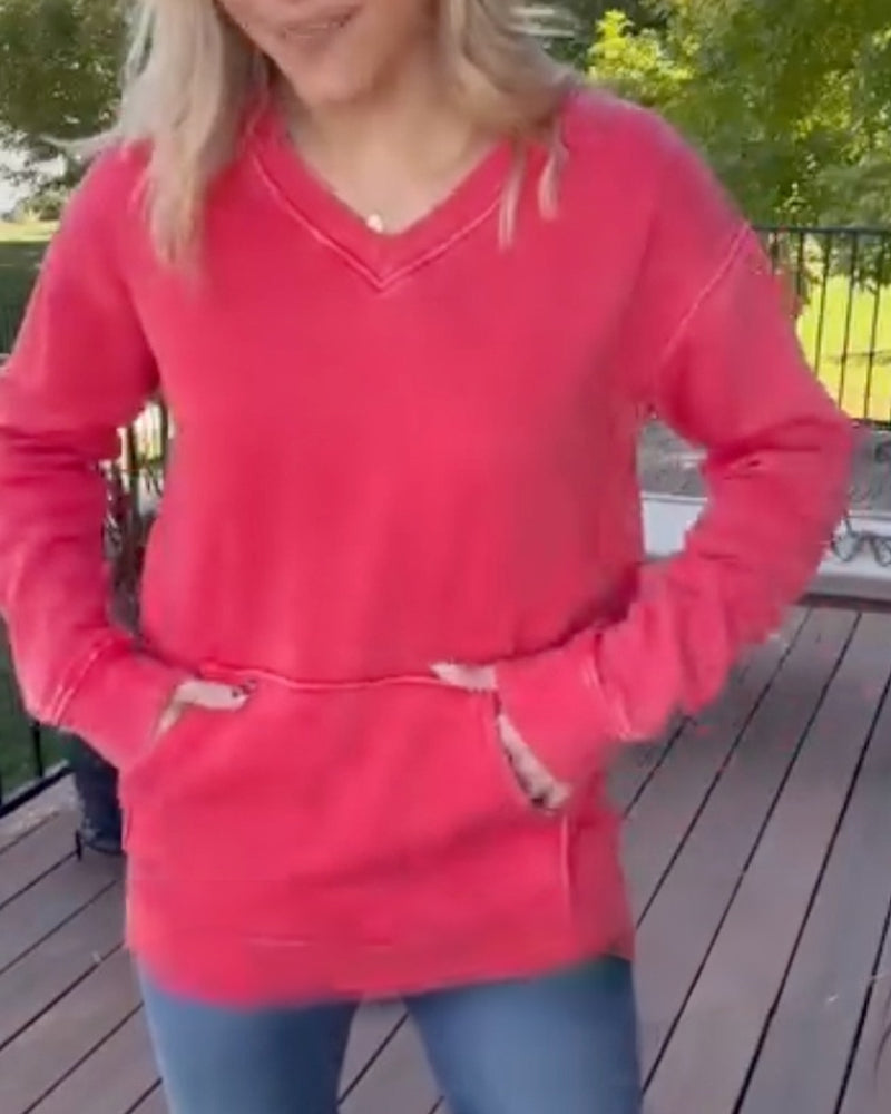 V-Neck Pocket Drop-Shoulder Solid Sweatshirt