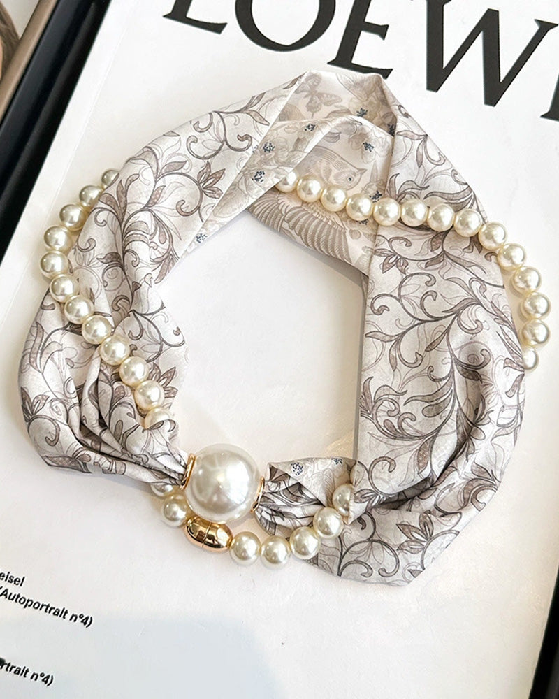 Long Pearl-Embellished Silk Necklace