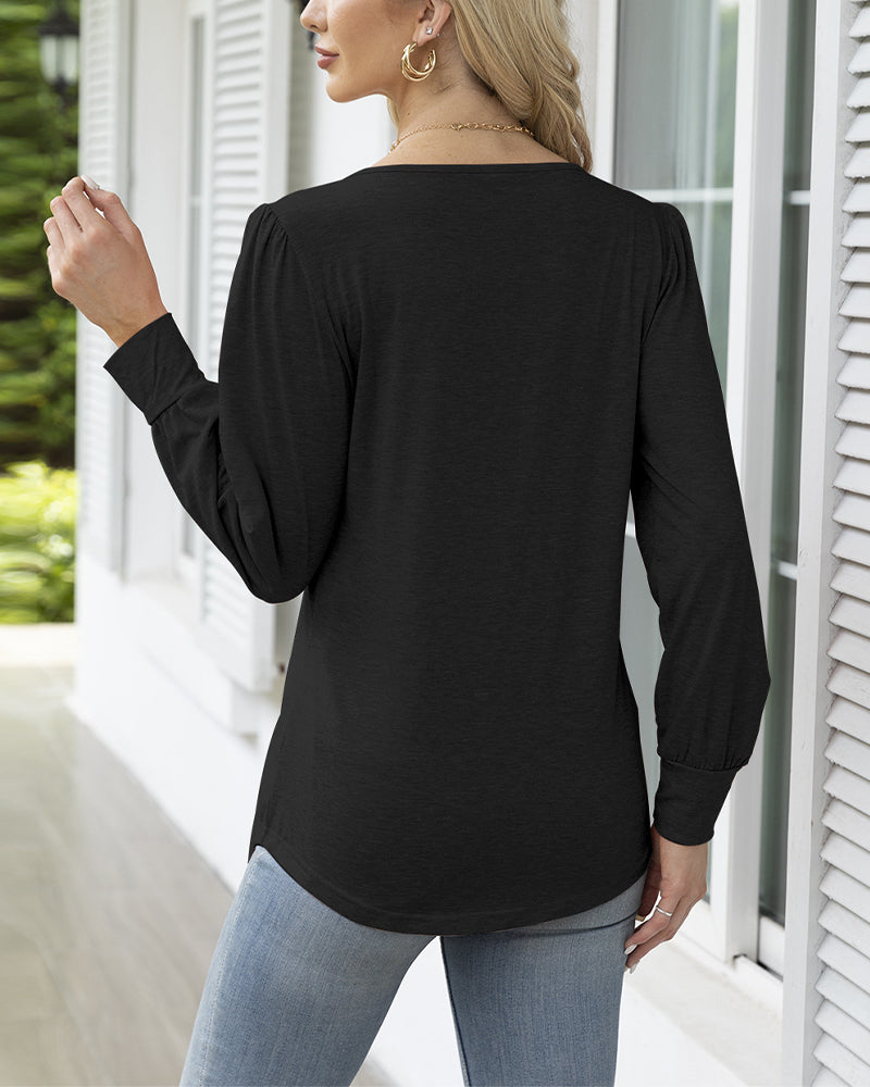 Casual solid color round neck pleated top