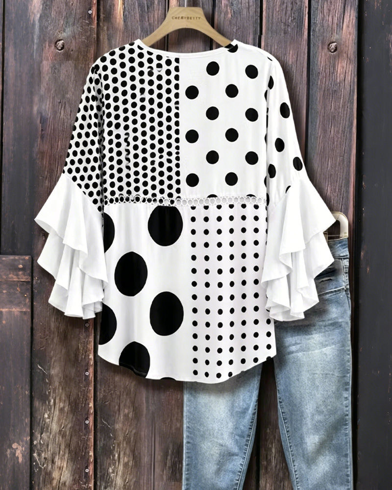 Mixed Polka Dot Patchwork Ruffle Blouse