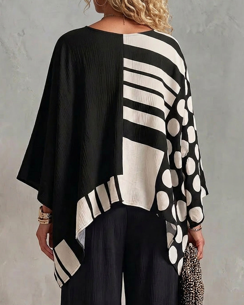 Polka Dot Stripe Patchwork V Neck Blouse