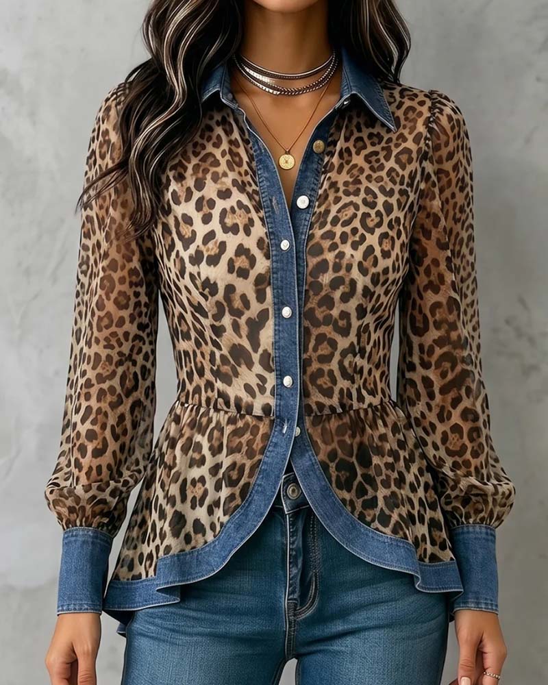 Denim Leopard Patchwork Waist-Cinching Blouse