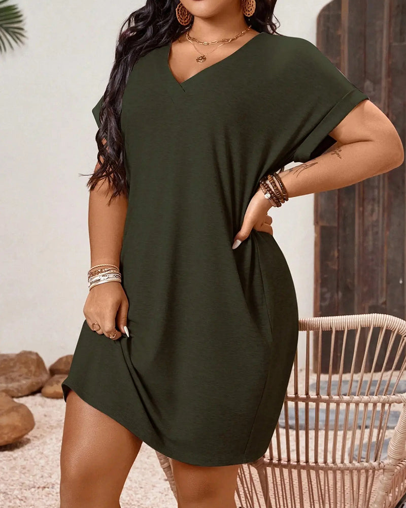 V-Neck Casual Rolled Hem Short Sleeve Dress